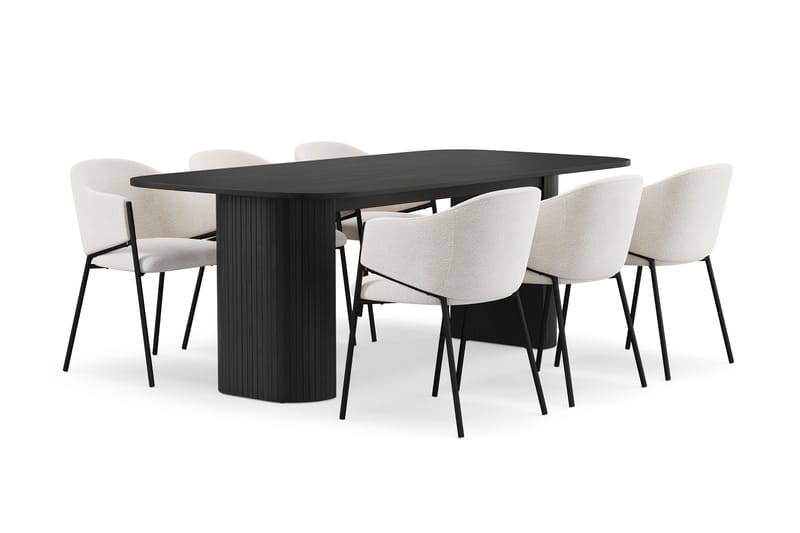 Kopparbo Spisebord 200 cm med 6 Filip Spisestoler, Svart / Hvit Bouclé