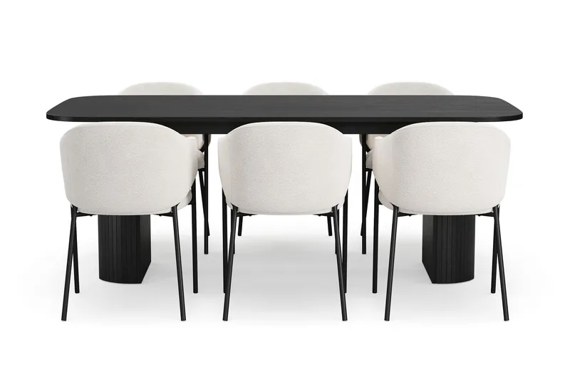 Kopparbo Spisebord 200 cm med 6 Filip Spisestoler - Svart / Hvit Bouclé - Møbler - Bord - Spisegrupper