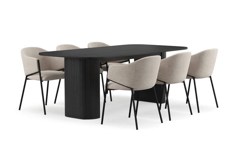 Kopparbo Spisebord 200 cm med 6 Filip Spisestoler, Svart / Taupe Bouclé