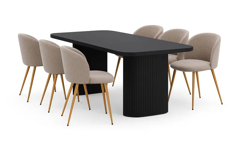 Kopparbo Spisebord 200 cm med 6 Greya Spisestoler med armlener, Svart / Greige Bouclé / Metallben Eik