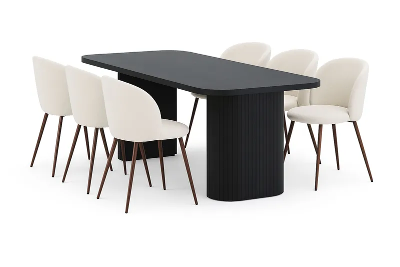 Kopparbo Spisebord 200 cm med 6 Greya Spisestoler med armlener, Svart / Hvit Bouclé / Metallben Valnøtt