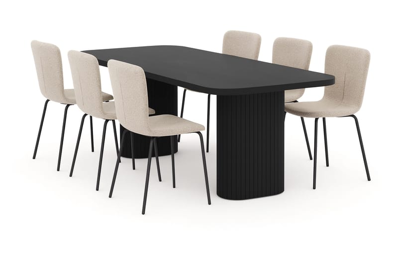 Kopparbo Spisebord 200 cm med 6 Katy Spisestoler, Svart / Greige Bouclé / Metallben Svart