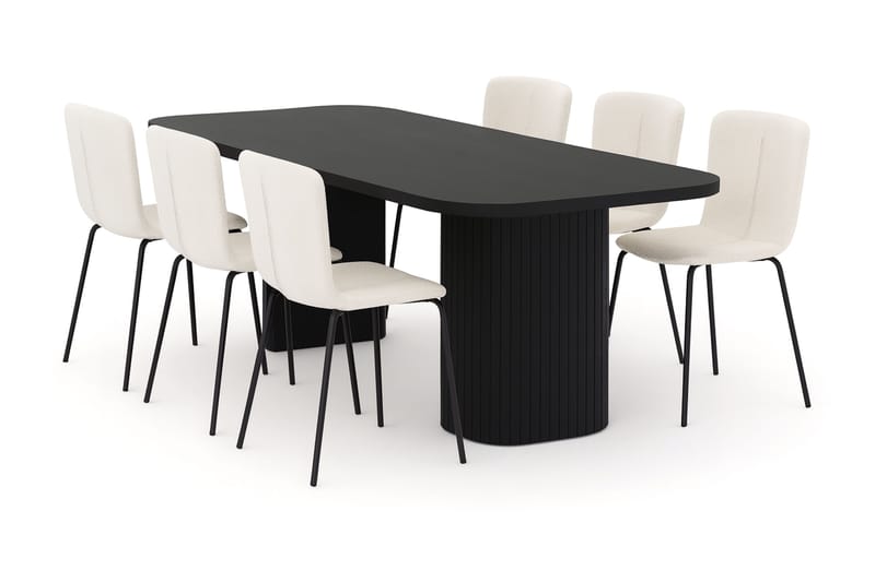 Kopparbo Spisebord 200 cm med 6 Katy Spisestoler, Svart / Hvit Bouclé / Metallben Svart