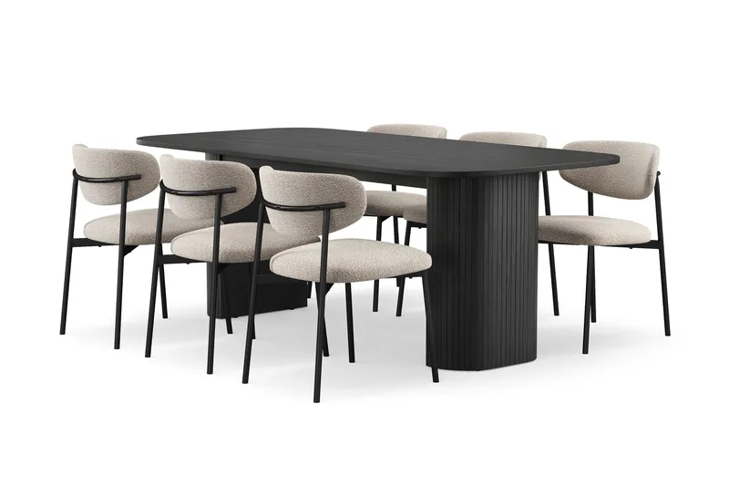 Kopparbo Spisebord 200 cm med 6 Lucy Spisestoler, Svart / Greige Bouclé / Metallben Svart