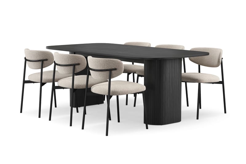 Kopparbo Spisebord 200 cm med 6 Lucy Spisestoler, Svart / Greige Bouclé / Metallben Svart