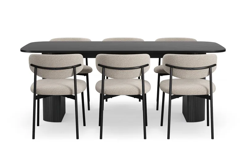 Kopparbo Spisebord 200 cm med 6 Lucy Spisestoler - Svart / Greige Bouclé / Metallben Svart - Møbler - Bord - Spisegrupper