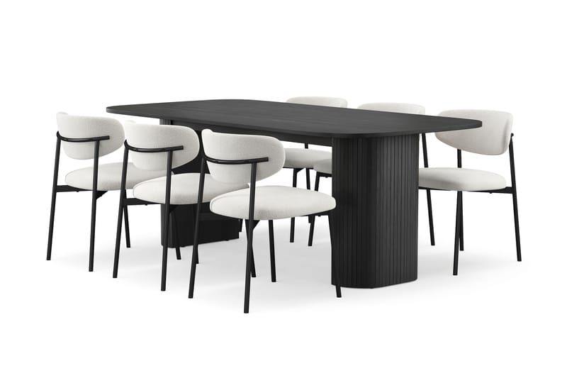 Kopparbo Spisebord 200 cm med 6 Lucy Spisestoler, Svart / Hvit Bouclé / Metallben Svart