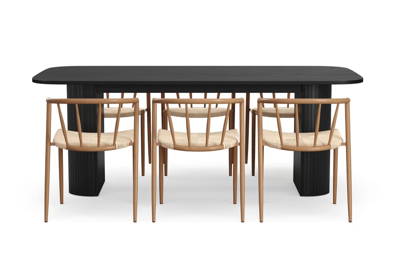 Kopparbo Spisebord 200 cm med 6 Winston Spisestoler - Svart / Beige / Metallben Eik - Møbler - Bord - Spisegrupper