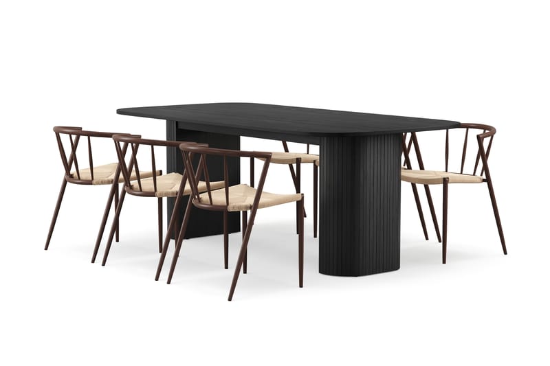 Kopparbo Spisebord 200 cm med 6 Winston Spisestoler, Svart / Beige / Metallben Røkt eik