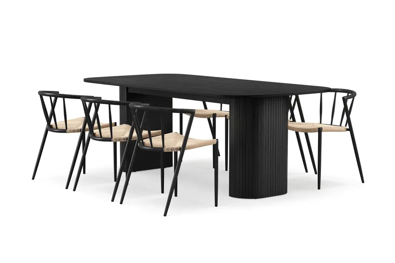 Kopparbo Spisebord 200 cm med 6 Winston Spisestoler, Svart / Beige / Metallben Svart