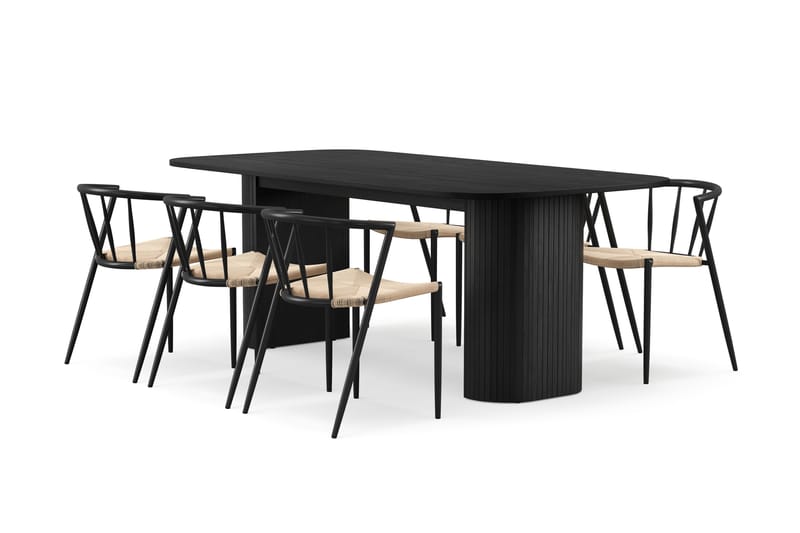 Kopparbo Spisebord 200 cm med 6 Winston Spisestoler, Svart / Beige / Metallben Svart