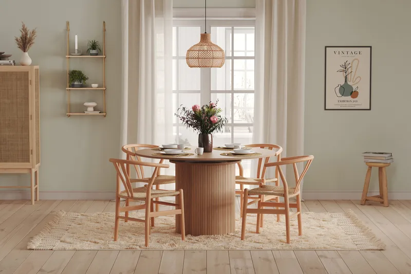 Kopparbo Rundt Spisebord 130 cm Utvidbart med tilleggsplate - Hvitlasert Eik / Lys beige - Møbler - Bord - Spisebord & kjøkkenbord