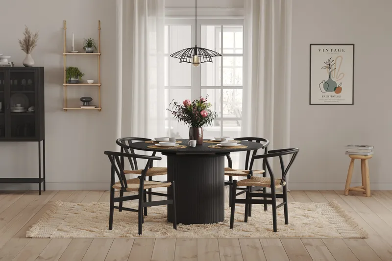 Kopparbo Rundt Spisebord 130 cm Utvidbart med tilleggsplate - Svart Tre / Riflet - Møbler - Bord - Spisebord & kjøkkenbord