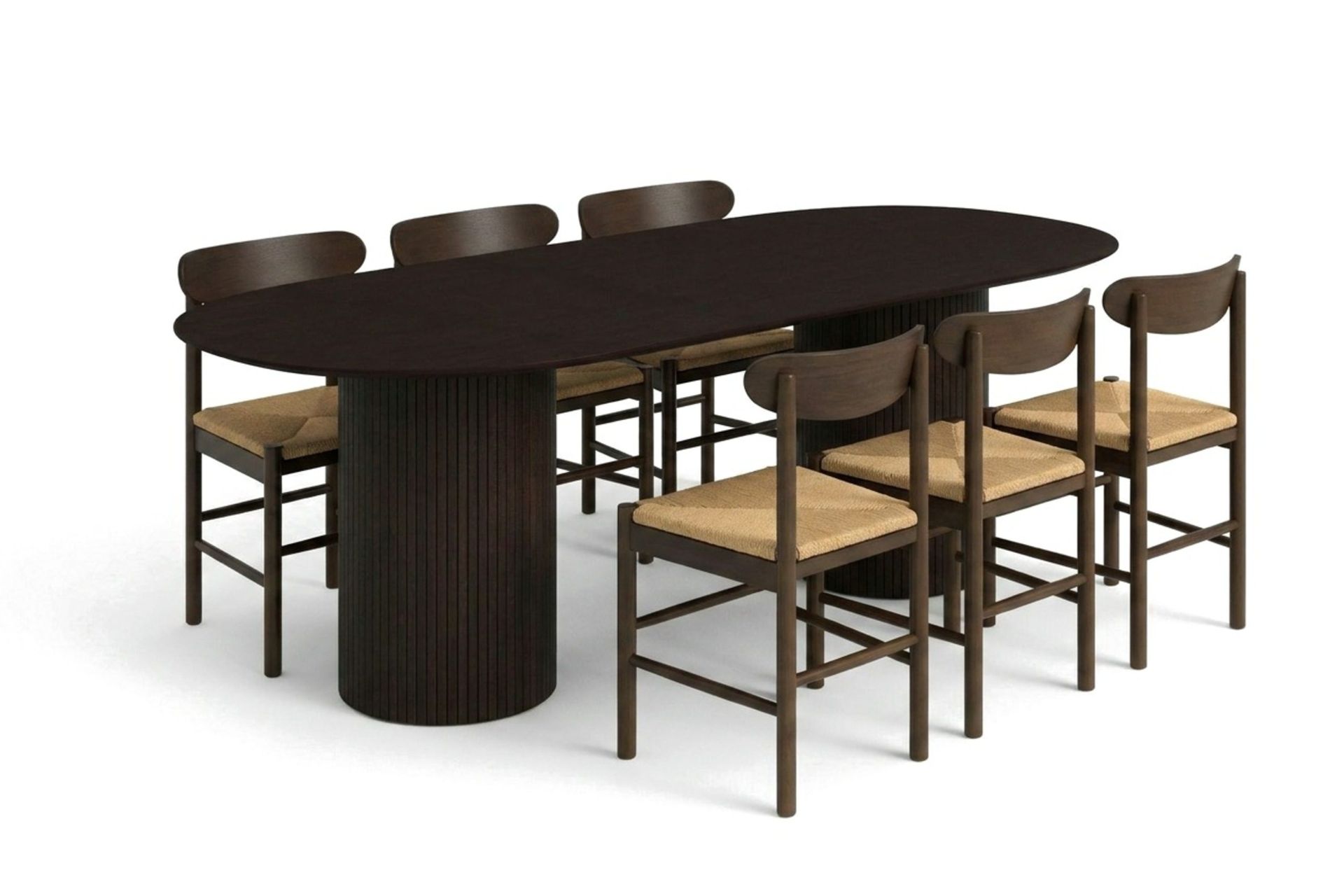 Kopparbo spisegruppe, oval, 220 cm, røkt eik, med 6 Elsie-spisestoler -