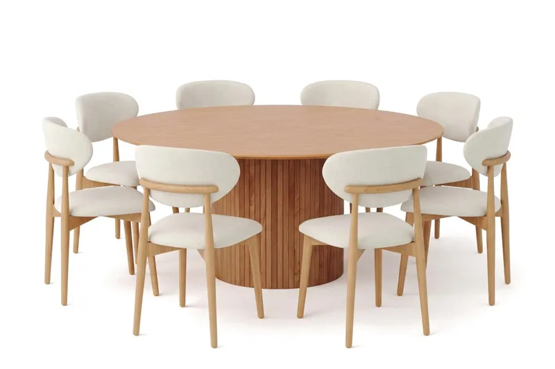 Kopparbo spisegruppe, rund 180 cm, eik med 8 Molly spisestoler, Eik