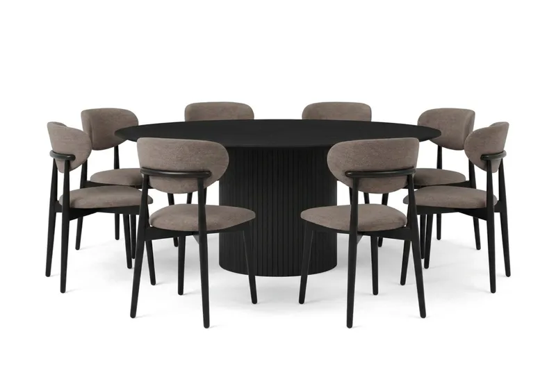 Kopparbo spisegruppe, rund 180 cm, svart med 8 Molly spisestoler, Svartbeiset eik