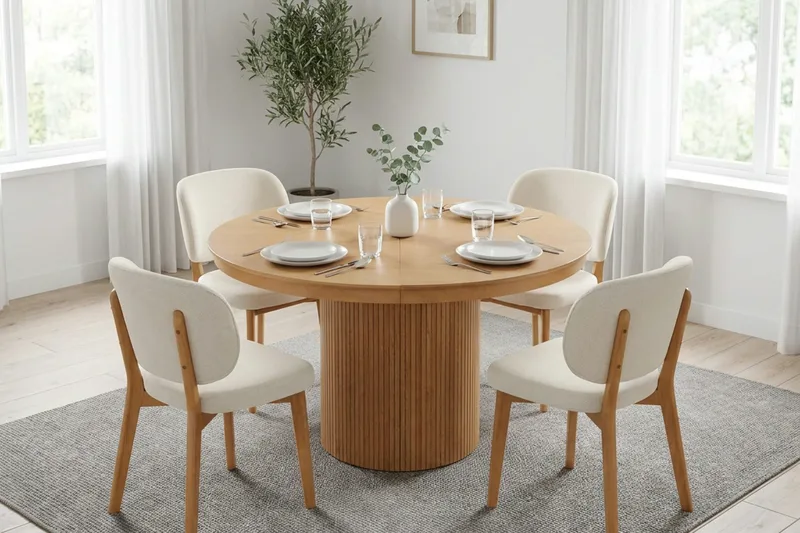 Kopparbo spisegruppe, uttrekkbar og rund, 120–220 cm i eik med 4 Eira spisestoler - Eik - Møbler - Bord - Spisegrupper