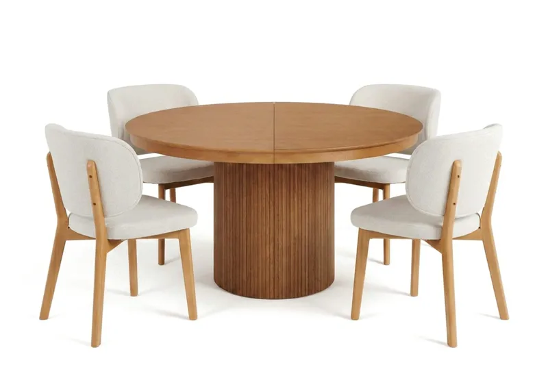 Kopparbo spisegruppe, uttrekkbar og rund, 120–220 cm i eik med 4 Eira spisestoler, Eik