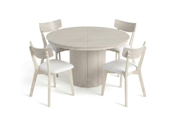 Kopparbo spisegruppe, uttrekkbar og rund 120–220 cm, hvitlasert, med 4 Amelia spisestoler med pute - Hvitlasert/Beige - Møbler - Bord - Spisegrupper