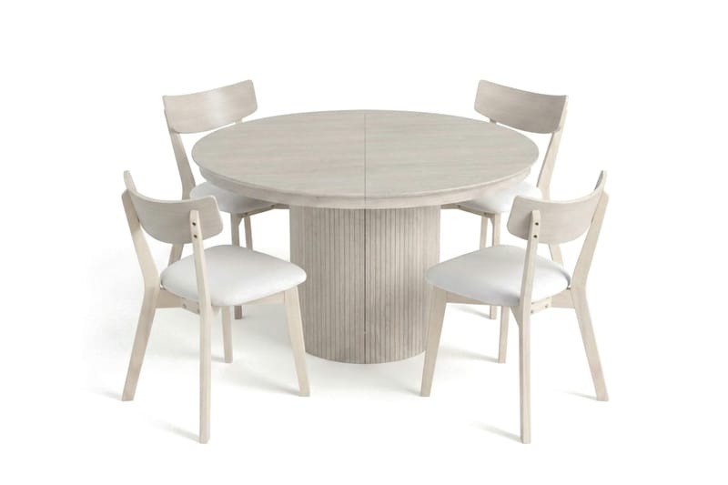 Kopparbo spisegruppe, uttrekkbar og rund 120–220 cm, hvitlasert, med 4 Amelia spisestoler med pute - Hvitlasert/Beige - Møbler - Bord - Spisegrupper