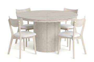 Kopparbo spisegruppe, uttrekkbar og rund 120–220 cm, hvitlasert, med 4 Amelia spisestoler med pute - Hvitlasert/Beige - Møbler - Bord - Spisegrupper