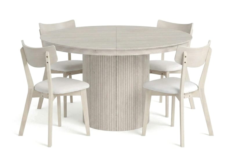 Kopparbo spisegruppe, uttrekkbar og rund 120–220 cm, hvitlasert, med 4 Amelia spisestoler med pute, Hvitlasert/Beige