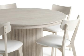 Kopparbo spisegruppe, uttrekkbar og rund 120–220 cm, hvitlasert, med 4 Amelia spisestoler med pute - Hvitlasert/Beige - Møbler - Bord - Spisegrupper