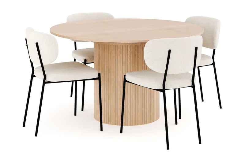 Kopparbo Spisegruppe 130 cm Rund Forlengbar med 4 Gemmiano Spisestoler, Whitewash