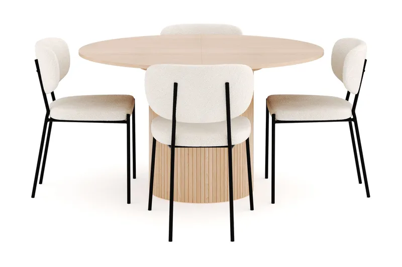 Kopparbo Spisegruppe 130 cm Rund Forlengbar med 4 Gemmiano Spisestoler - Whitewash - Møbler - Bord - Spisegrupper