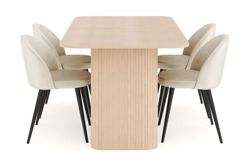 Kopparbo Spisegruppe 180-240 cm Forlengbar med 4 Valeri Fløyelsstoler - Whitewash - Møbler - Bord - Spisegrupper