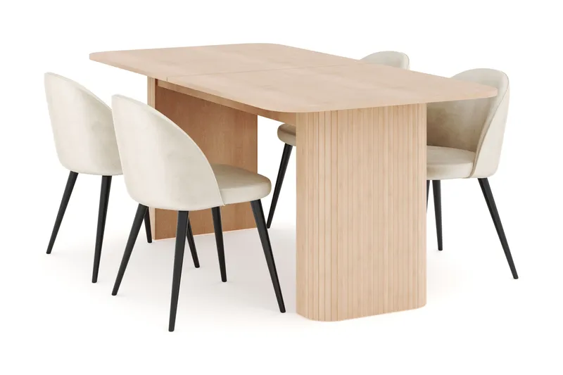 Kopparbo Spisegruppe 180-240 cm Forlengbar med 4 Valeri Fløyelsstoler, Whitewash