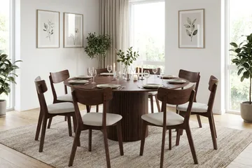 Kopparbo spisegruppe 180 cm rund i valnøtt med 8 Amelia spisestoler med pute - Valnøtt/beige - Møbler - Bord - Spisegrupper