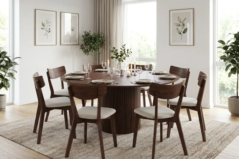 Kopparbo spisegruppe 180 cm rund i valnøtt med 8 Amelia spisestoler med pute - Valnøtt/beige - Møbler - Bord - Spisegrupper