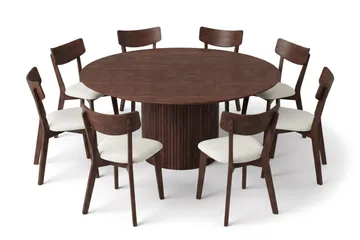 Kopparbo spisegruppe 180 cm rund i valnøtt med 8 Amelia spisestoler med pute - Valnøtt/beige - Møbler - Bord - Spisegrupper