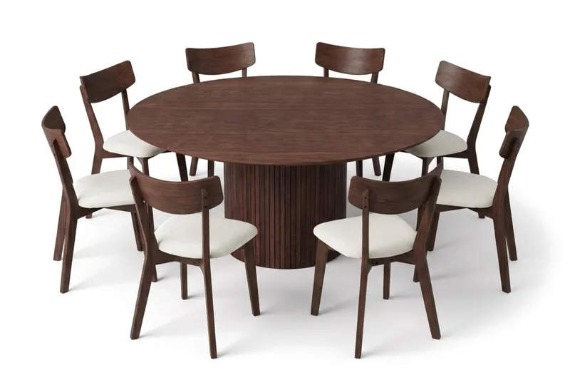 Kopparbo spisegruppe 180 cm rund i valnøtt med 8 Amelia spisestoler med pute, Valnøtt/beige