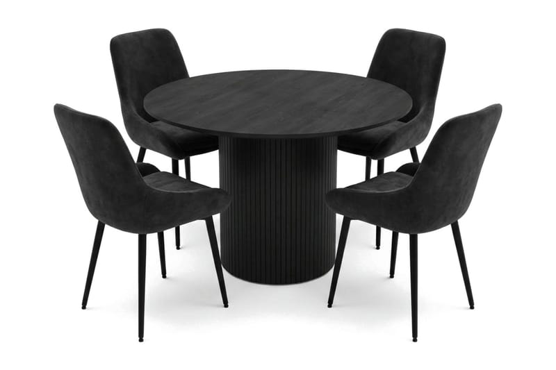 Kopparbo spisegruppe rund 110 cm svart med 4 Alsarp spisestoler, Svartbeiset eik