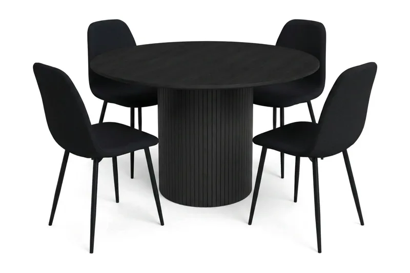 Kopparbo spisegruppe rund 110 cm svart med 4 Nibe spisestoler, Svartbeiset eik