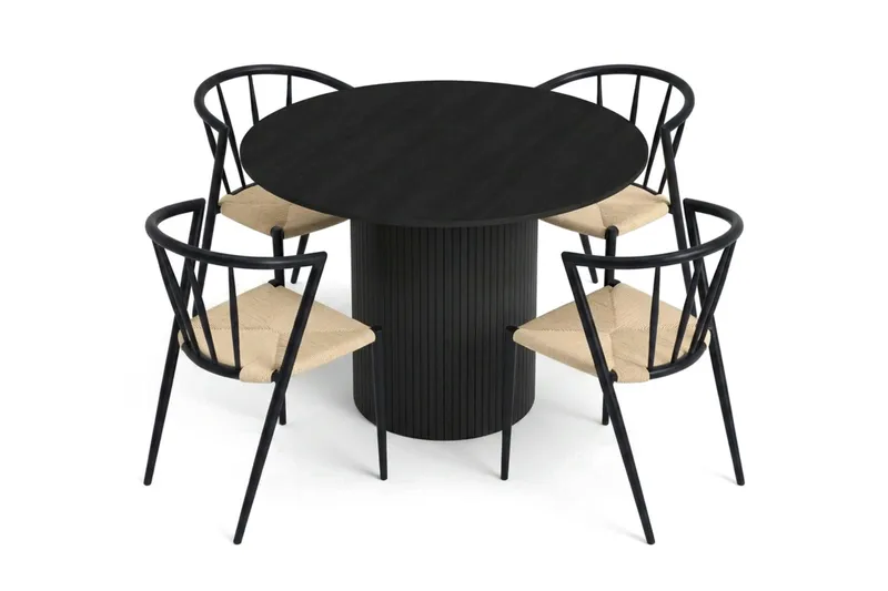 Kopparbo spisegruppe rund 110 cm svart med 4 Winston spisestoler - Svartbeiset eik - Møbler - Bord - Spisegrupper