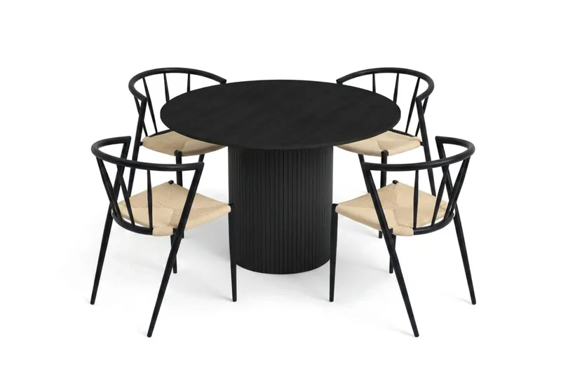 Kopparbo spisegruppe rund 110 cm svart med 4 Winston spisestoler, Svartbeiset eik