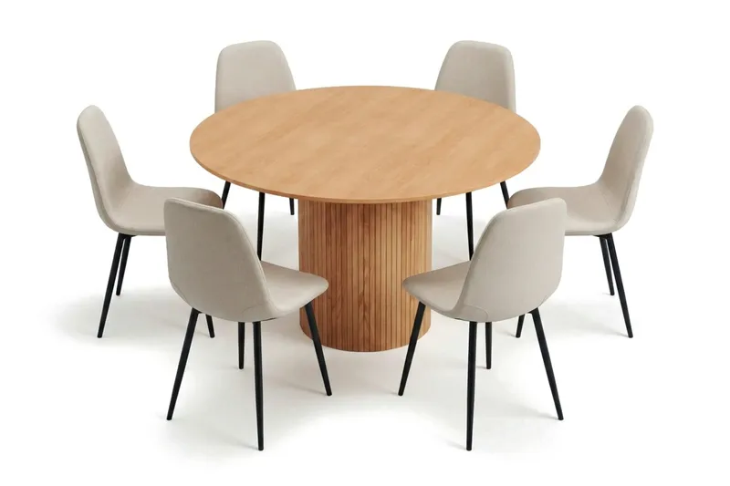 Kopparbo spisegruppe rund 130 cm eik med 6 Nibe spisestoler, Eik