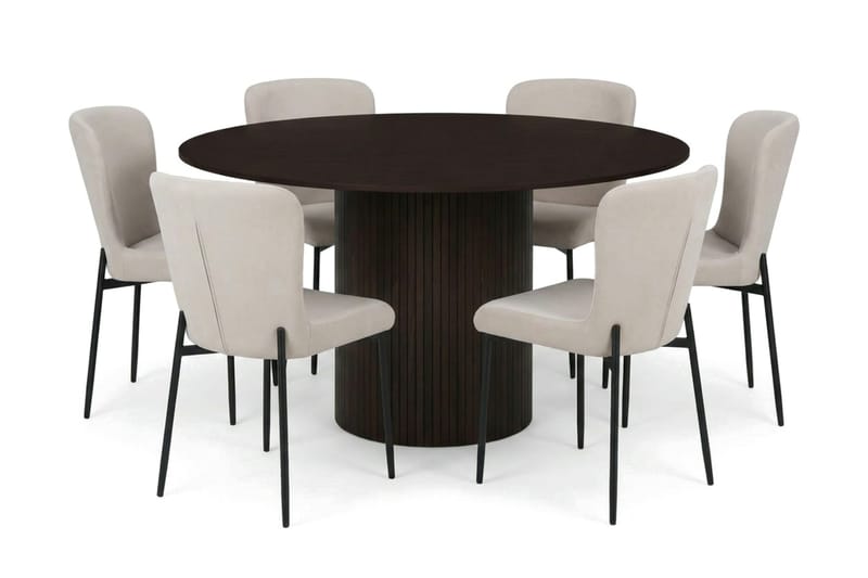 Kopparbo spisegruppe rund 130 cm røkt eik med 6 Elsie spisestoler, R økt eik/Beige