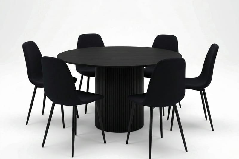 Kopparbo spisegruppe rund 130 cm svart med 6 Nibe spisestoler, Svart