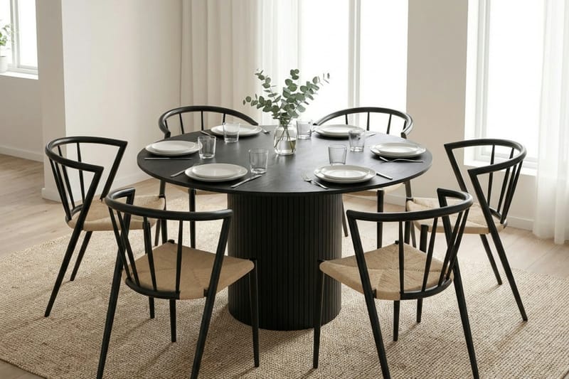 Kopparbo spisegruppe rund 130 cm svart med 6 Winston spisestoler - Svart - Møbler - Bord - Spisegrupper