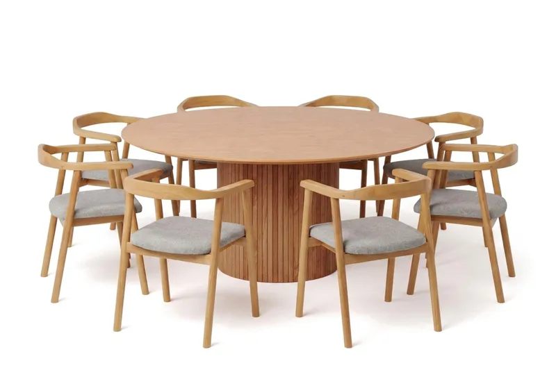 Kopparbo spisegruppe rund 180 cm eik med 8 Jolie spisestoler, Eik
