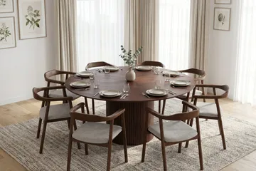 Kopparbo spisegruppe rund 180 cm valnøtt med 8 Jolie spisestoler - Møbler - Bord - Spisegrupper