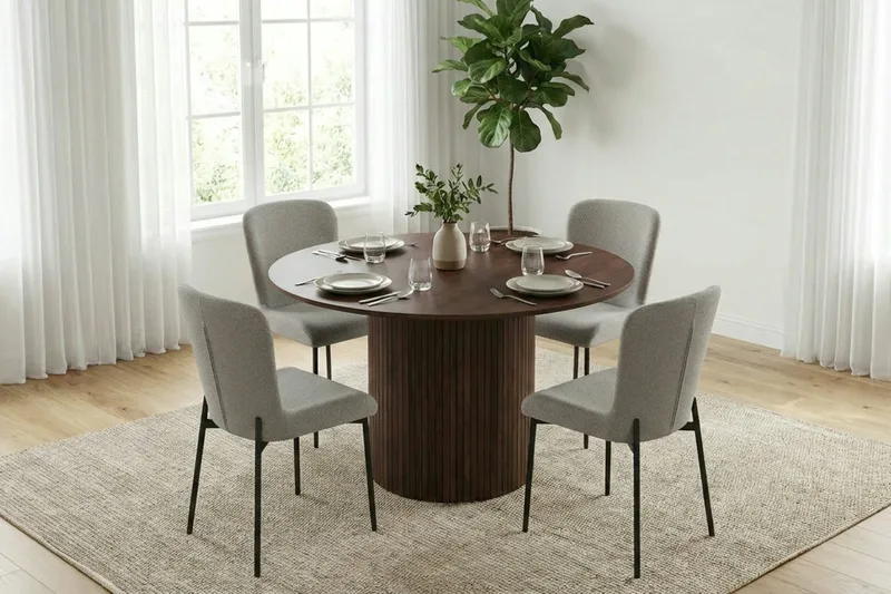 Kopparbo spisegruppe rund ca. 110 cm valnøtt med 4 Elsie spisestoler - Valnøtt/Lysegrå - Møbler - Bord - Spisegrupper