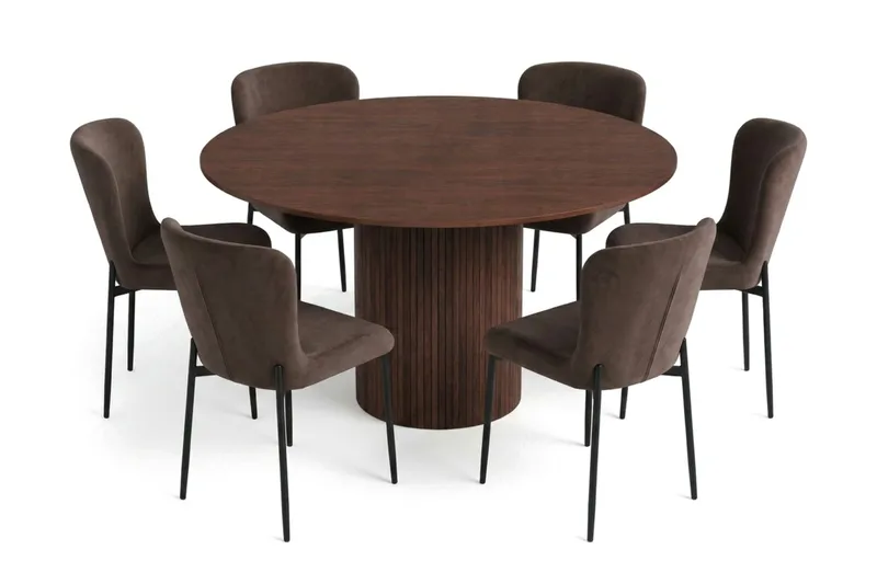 Kopparbo spisegruppe rund ca. 130 cm valnøtt med 6 Elsie spisestoler, Valnøtt/Brun