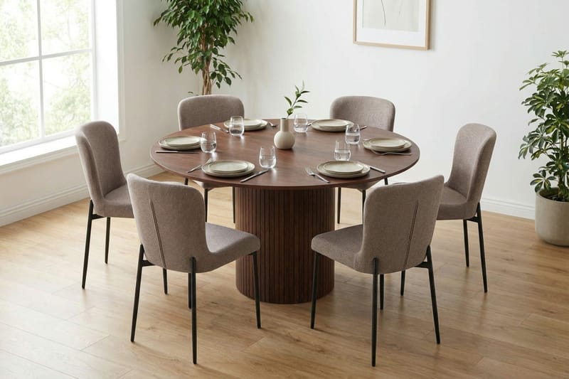 Kopparbo spisegruppe rund ca. 130 cm valnøtt med 6 Elsie spisestoler - Valnøtt/Grå - Møbler - Bord - Spisegrupper