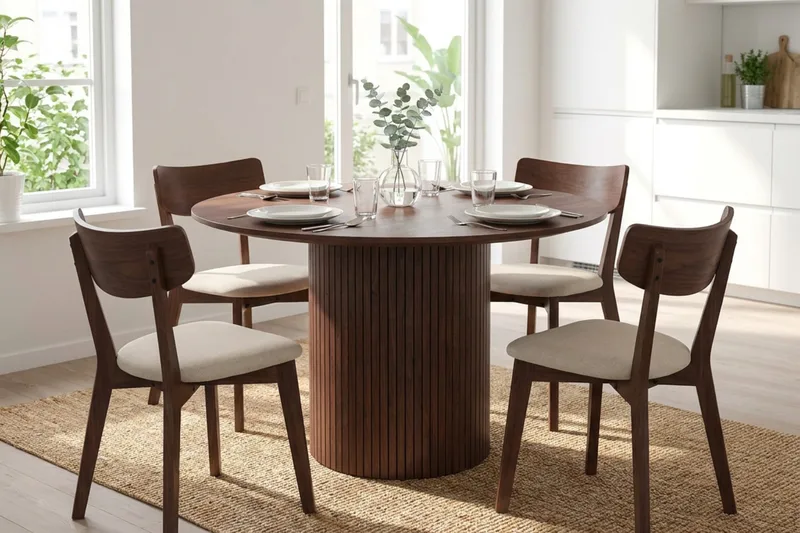 Kopparbo spisegruppe rundt 110 cm i valnøtt med 4 Amelia spisestoler med pute - Valnøtt/Beige - Møbler - Bord - Spisegrupper