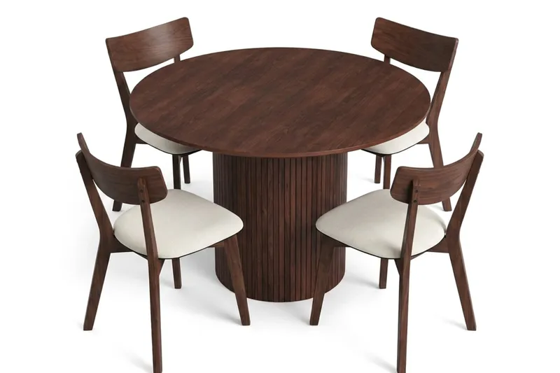 Kopparbo spisegruppe rundt 110 cm i valnøtt med 4 Amelia spisestoler med pute - Valnøtt/Beige - Møbler - Bord - Spisegrupper